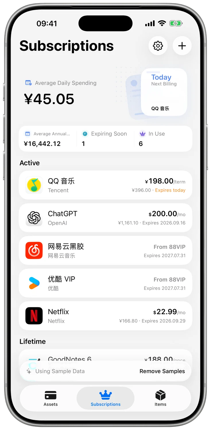 Numio subscriptions screen